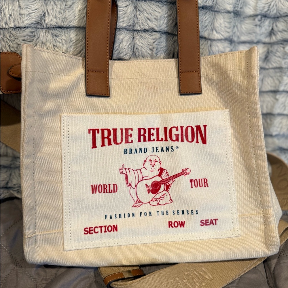 True Religion Beige Tote with Brown Handles